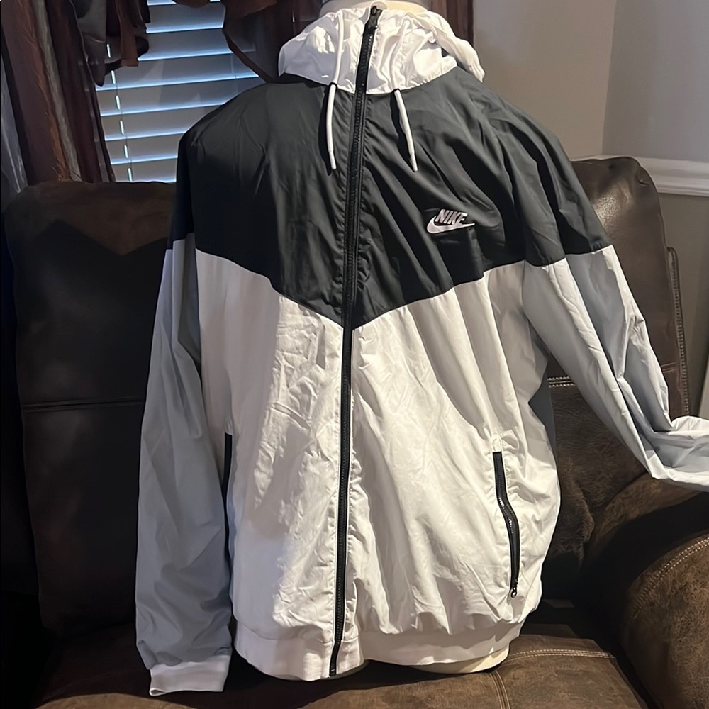 Nike Black and Silver Windbreaker with Hood and Zipper